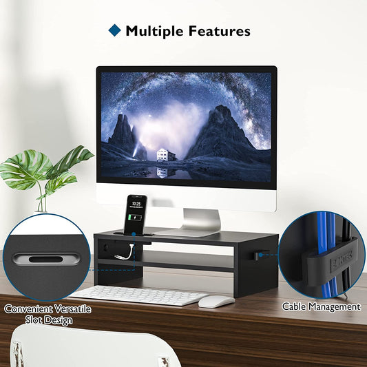 BONTEC Monitor Stand, Desktop Screen Stand, PC Screen Stand with Phone Holder, Ergonomic Laptop Printer Stand with Cable Management for Laptop, Computer, Notebook, iMac, PC, 42CM, Black