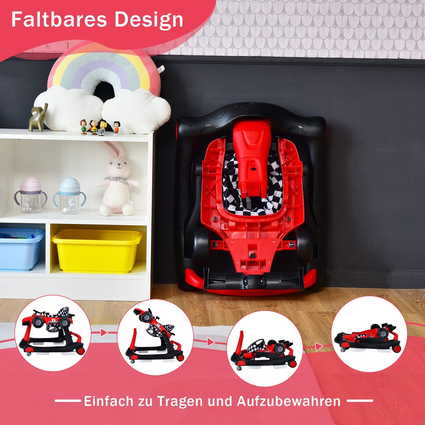 COSTWAY 4 in 1 baby walker, foldable with adjustable height & speed, car-shaped with music box, lights & wheels, baby walker for up to 6 months old babies, can support up to 12kg (Red)