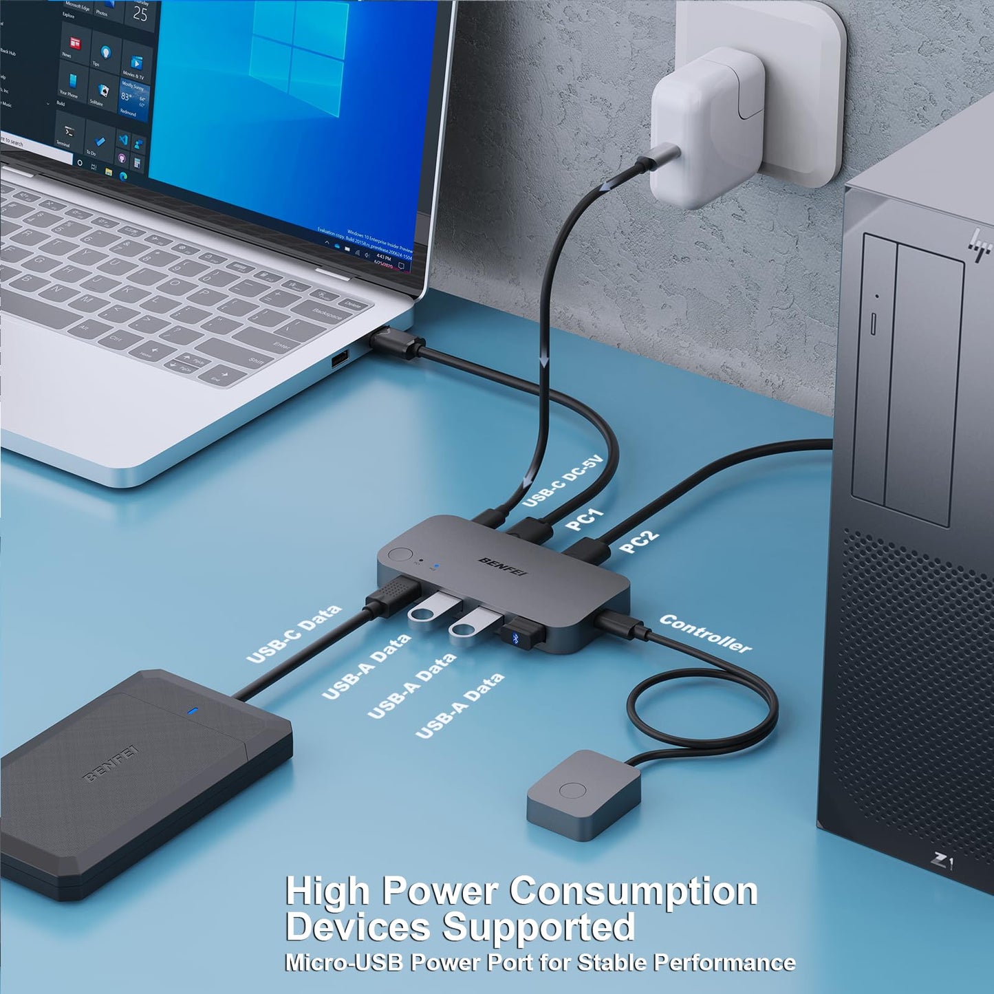 BENFEI USB 3.0 Switch, USB switcher 2 computers with 1x USB C port and 3x USB A ports, 2 in 4 out USB 3.0 switcher with desktop controller, USB KVM switch selector compatible with Windows Mac Linux.
