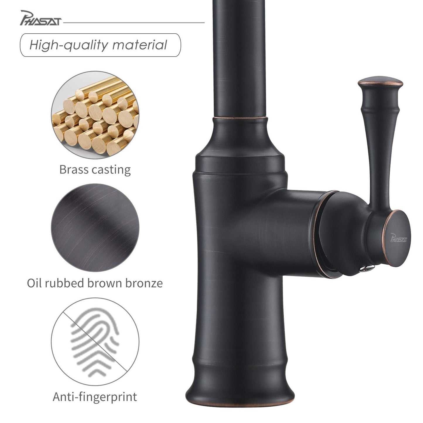 PHASAT Kitchen Faucet Pull Out Sprayer Sink Faucet with 360° Swivel 2 Functions for Kitchen, Oil Rubbed Bronze KZ06