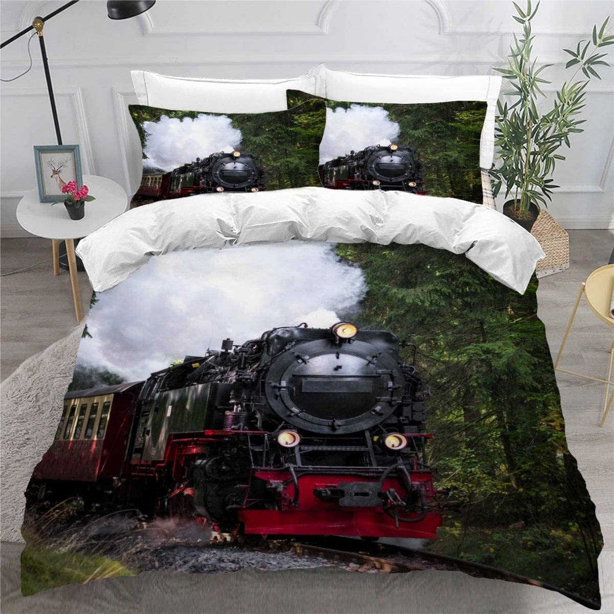 Aurorai bedding set steam locomotive train 3D print bedding 135x200 retro train duvet cover microfiber soft duvet covers with zipper 3 pieces with 2 pillowcases 80x80cm for boys.