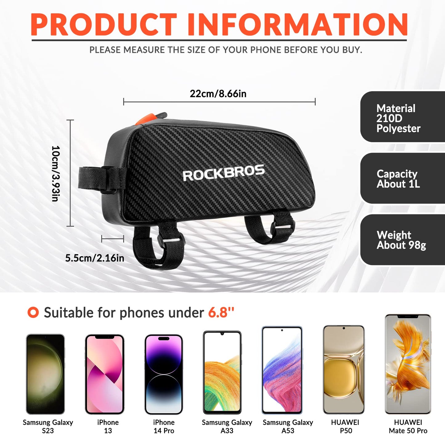 ROCKBROS frame bag bicycle bag for bike frame top tube bag approx.1L 22 * 10 * 5.5cm