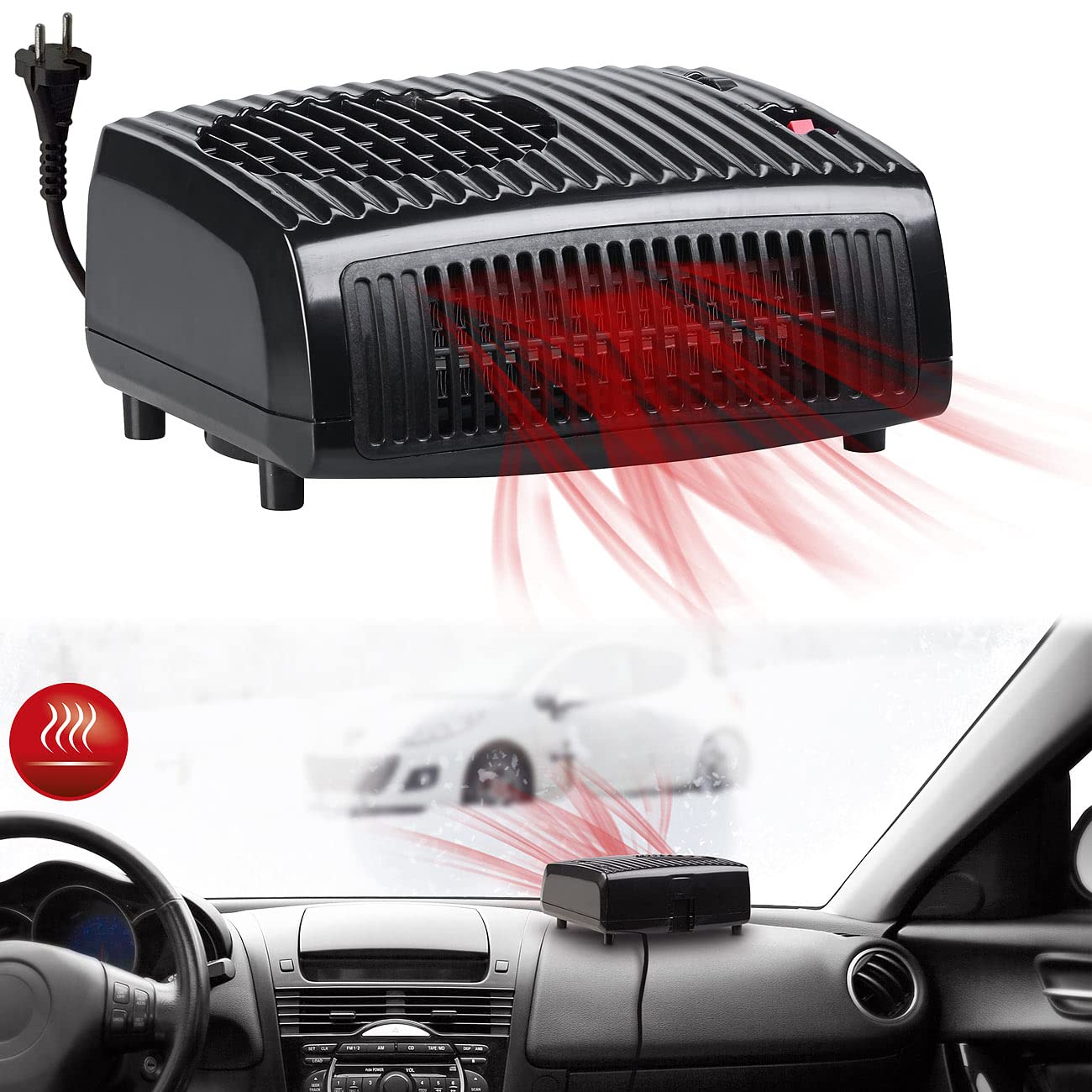 AGT Car Fan Heater: Electric ceramic auxiliary heater, 2 heat levels, 1,850 watts, 230V (defrost car windows electrically, electric window defroster, desk outlet).