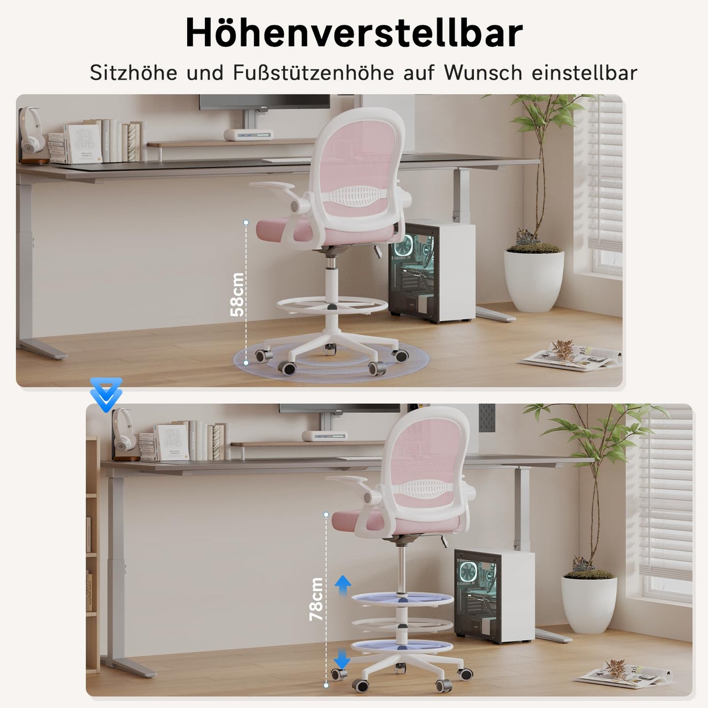 Naspaluro office chair with footrest ring, ergonomic desk chair with breathable mesh, foldable armrests, height adjustable, computer chair, lightweight, 360° swivel chair Pink.
