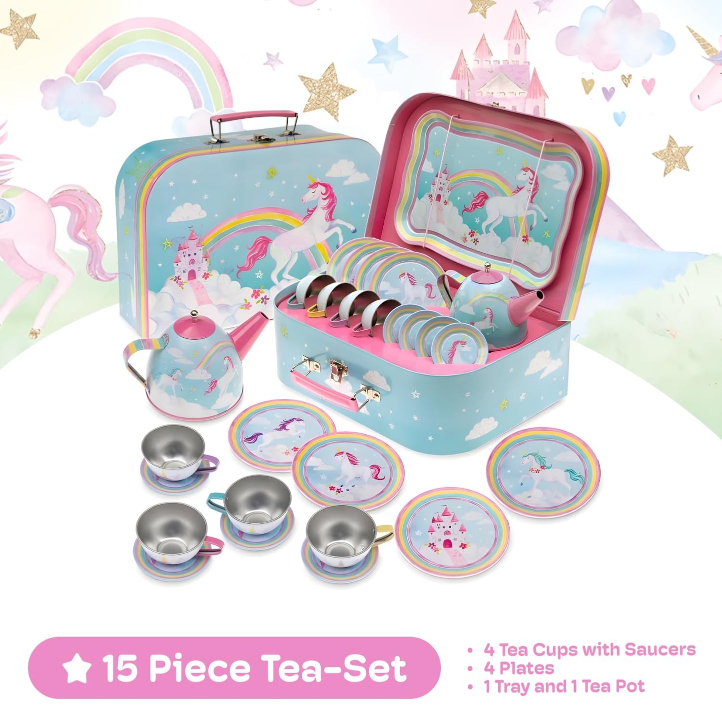 Jewelkeeper - Children's Tin Tea Set & Carry Case, Kids Pretend Play Kitchen Toy Dishes, 15-Pieces - Rainbow Unicorn Design