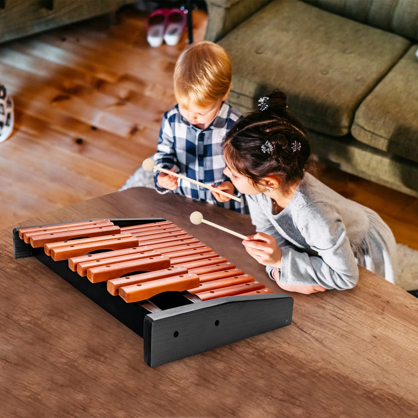 COSTWAY 25 Note Xylophone Glockenspiel, wooden musical instrument, comes with 2 mallets & carrying bag. Suitable for both kids and adults, in brown and black.