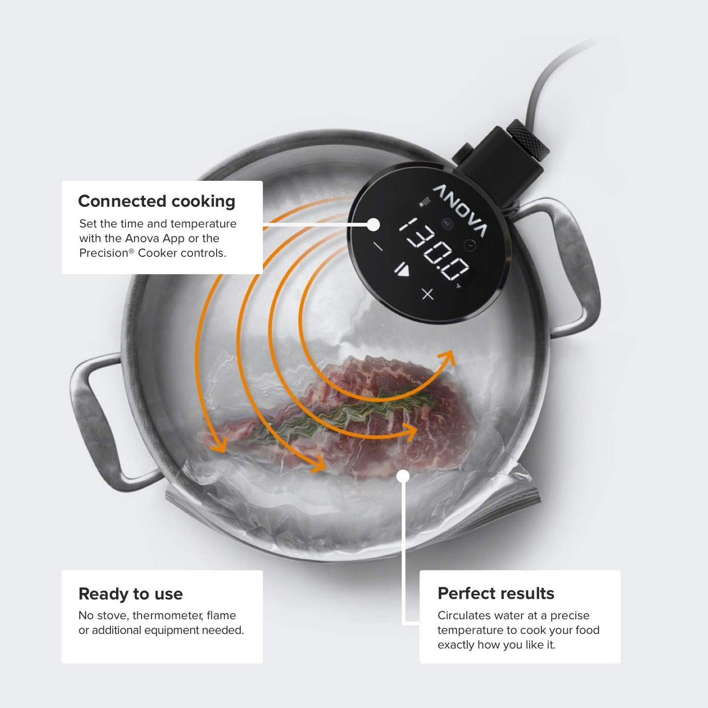 Anova Precision Cooker 2.0 AN500-EU00, Sous Vide Cooker, WiFi, 100 watts, includes Type-C plug for EU use, Bluetooth, Anova App, Black and Silver.