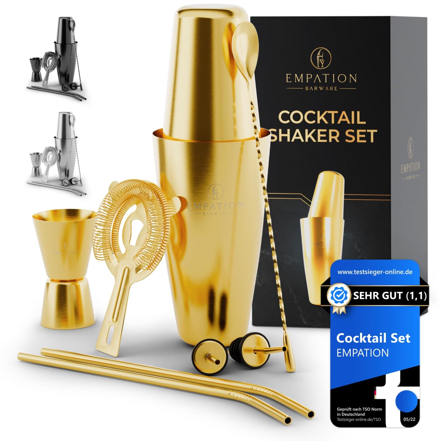 Empation Cocktail Shaker Gold, 8-piece cocktail set - 825ml stainless steel Boston shaker, minimalist cocktail accessories, bar set for beginners & pros, great as a gift.