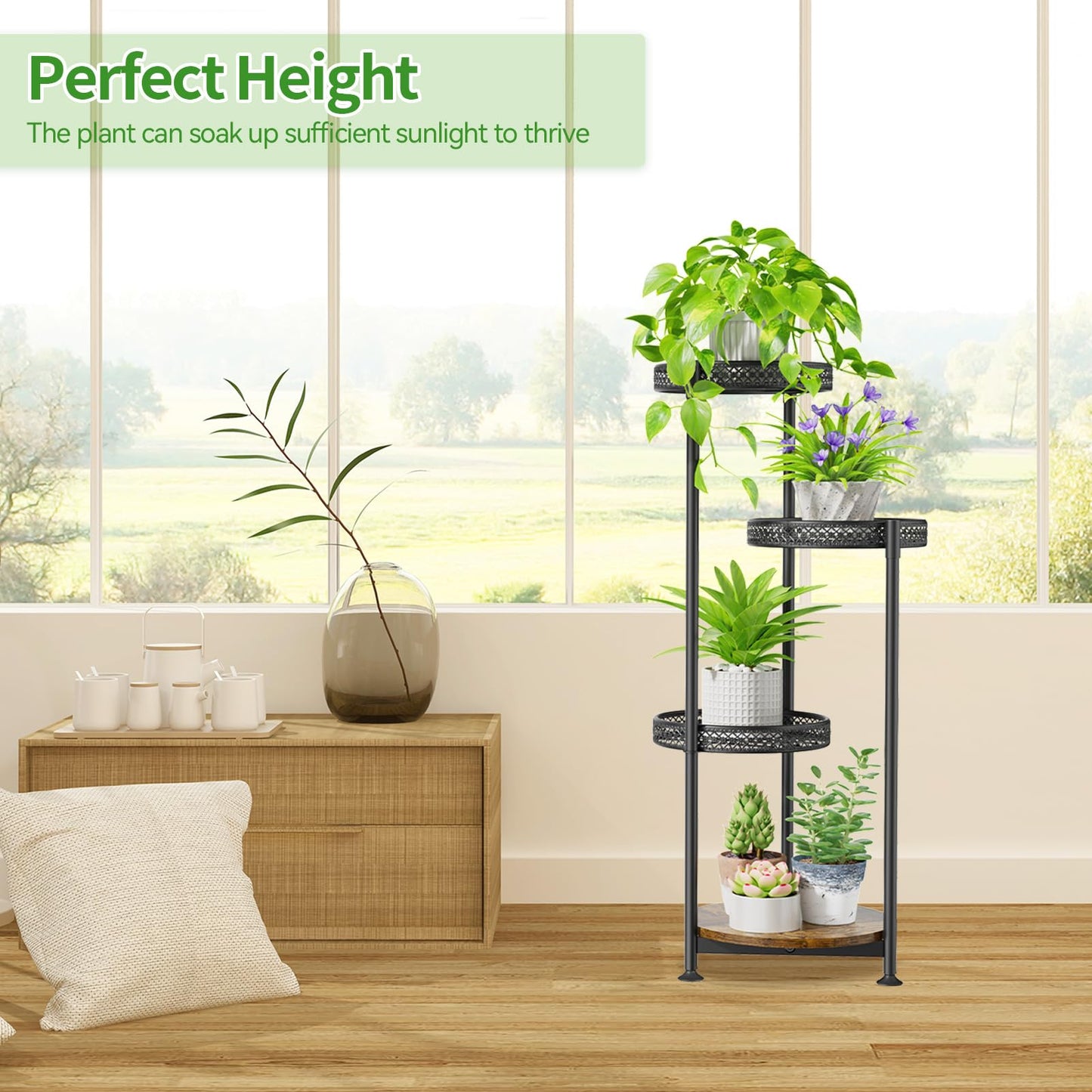 LyTaispuly 4-Tier Metal Plant Stand Flower Display Outdoor, Flower Stand Flower Shelf Flower Rack Tall, Flower Pot Stand Plant Stand for Indoor Outdoor Balcony Garden Living Room, Black
