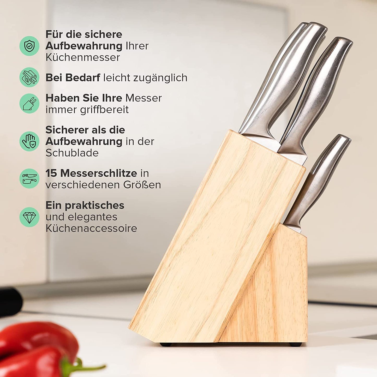 Coninx Rubber Wood Knife Block | Knife Holder 15 Slots Chef's Knife | Knife Block Without Knives | Suitable for 15 Knives, Sharpening Steel | Knife Stand for Kitchen Knives | 13 x 19 x 22 cm