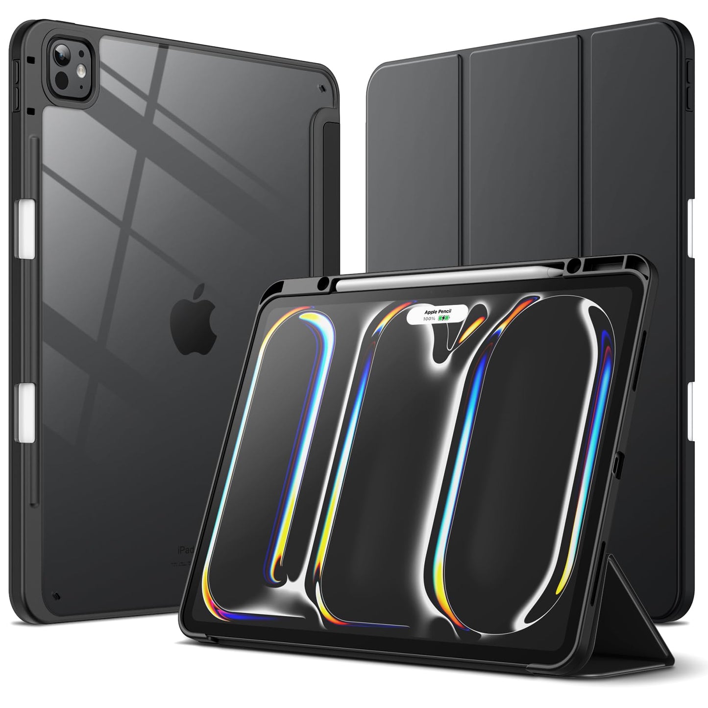 JETech case for iPad Pro 13 inch M4 (2024) with pencil holder, clear transparent back shell slim stand shockproof tablet cover, auto wake/sleep (black)