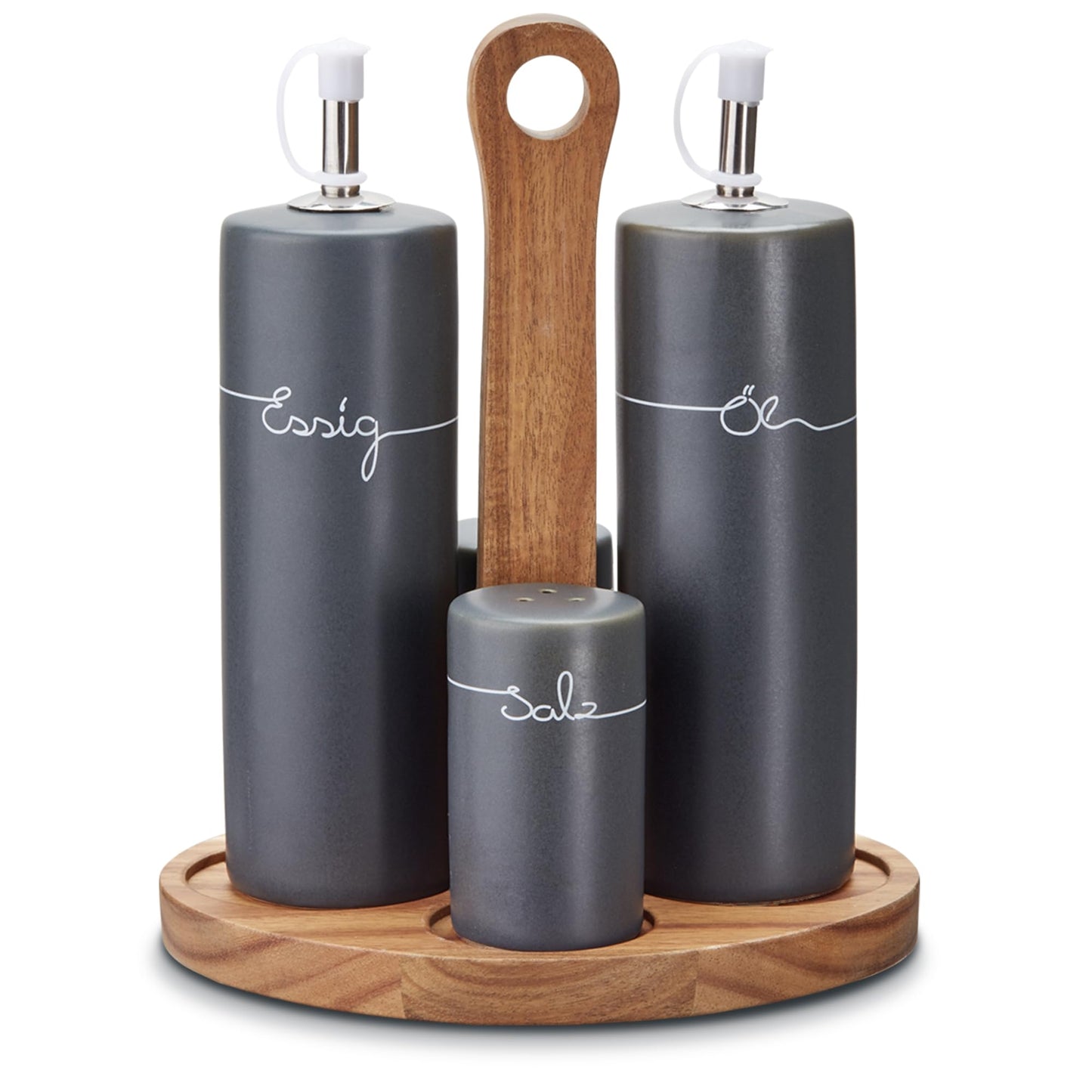 KHG Menage Set, ceramic stoneware polished, anthracite grey with wooden holder for oil, vinegar, salt & pepper for the table with labeling | 5-piece oil & spice storage with protective lid.