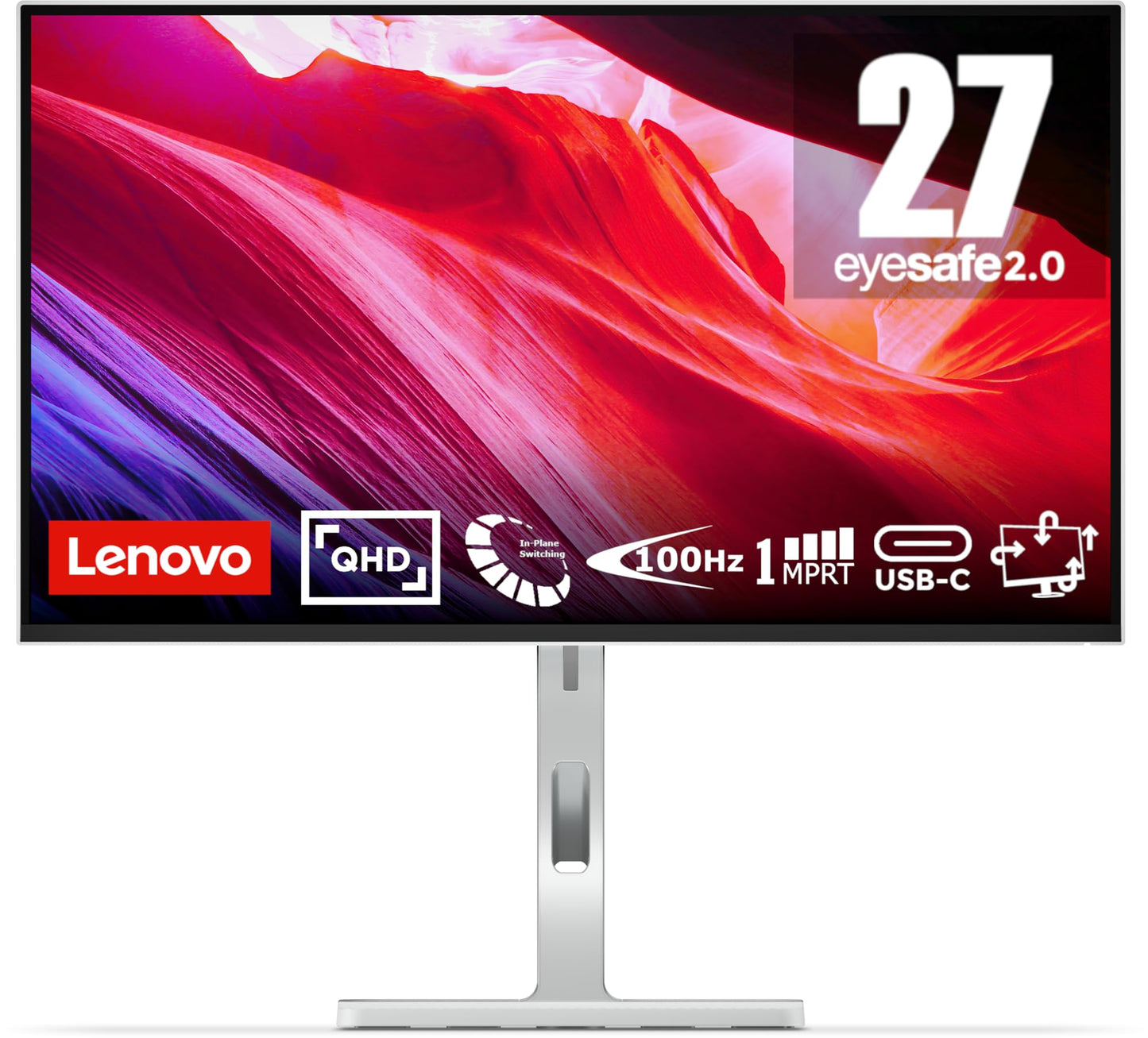 Lenovo L27h-4A | 27" QHD monitor | 2560x1440 | 100Hz | 350 nits | 1ms response time | USB-C docking station | HDMI | DisplayPort | IPS panel | integrated speakers | grey
