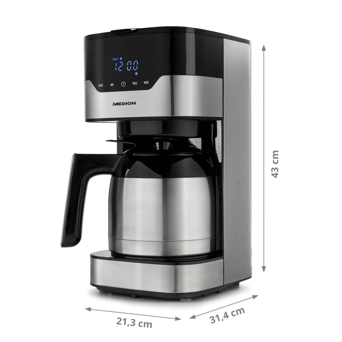 MEDION coffee machine with thermal carafe and timer (filter machine, 8 cups, 1.2 liters, 900 watts, 3 levels, keep warm function, timer clock, anti-drip, display, stainless steel) MD18458.