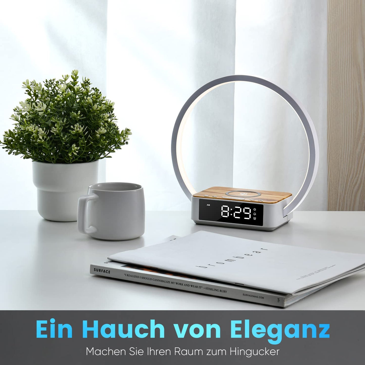 WILIT LED bedside lamp with charging function, light alarm clock with clock, bedside lamps touch dimmer bedroom with 3 brightness levels, 10W wireless charger, wood