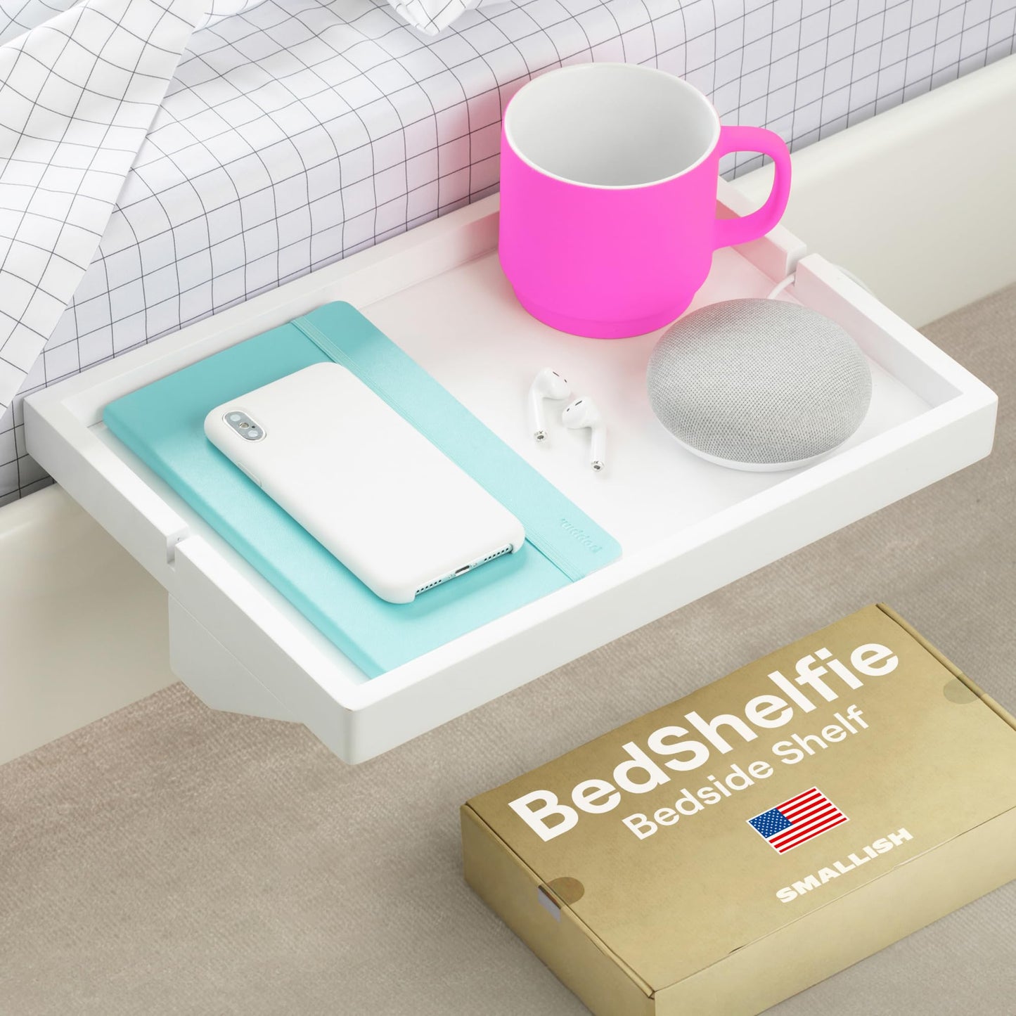 BedShelfie bedside shelf for bunk bed and box spring bed, ideal for dorm rooms, floating bedside table, original white wood design.