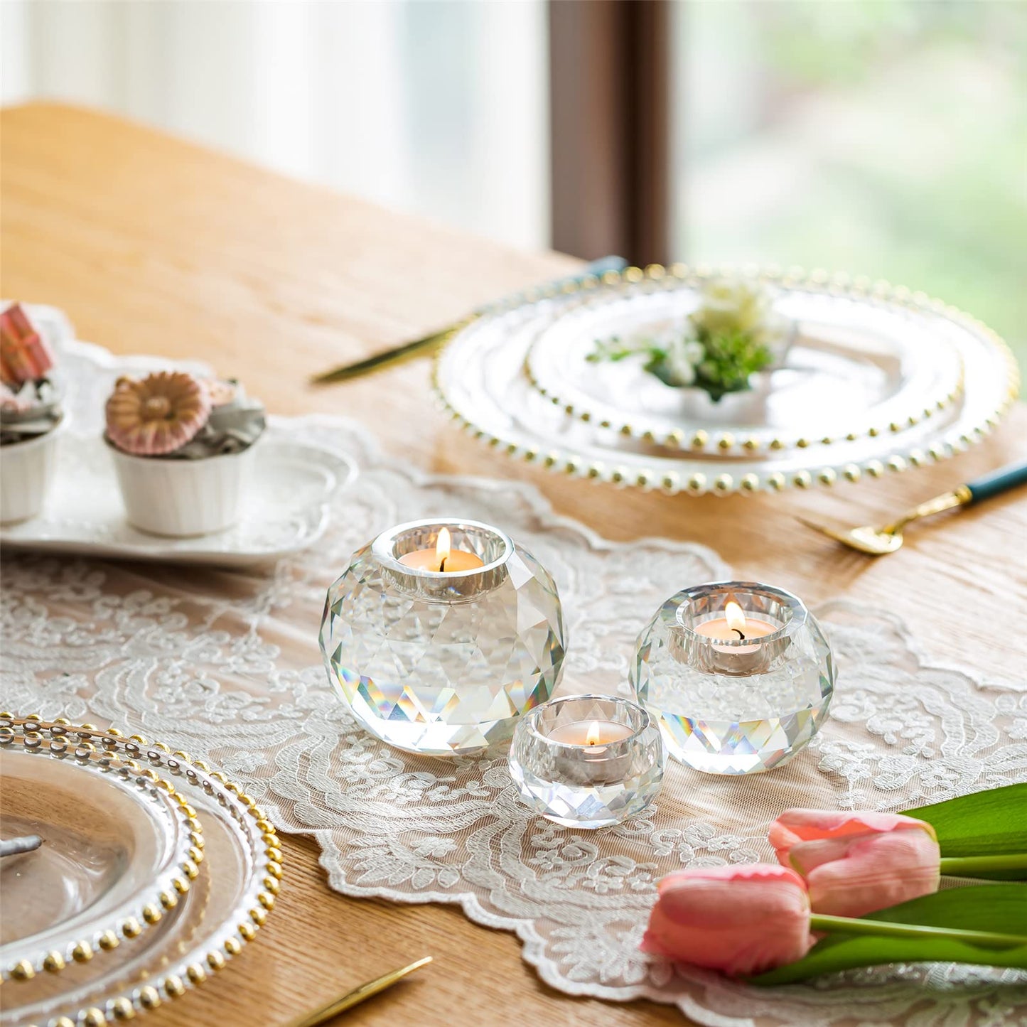 Sziqiqi Crystal Ball Tealight Holder 3 Set, Clear Glass Candle Holder for Tea Lights Candle Stand for Living Room Dining Table Decor Wedding Gift Birthday Party Meditation