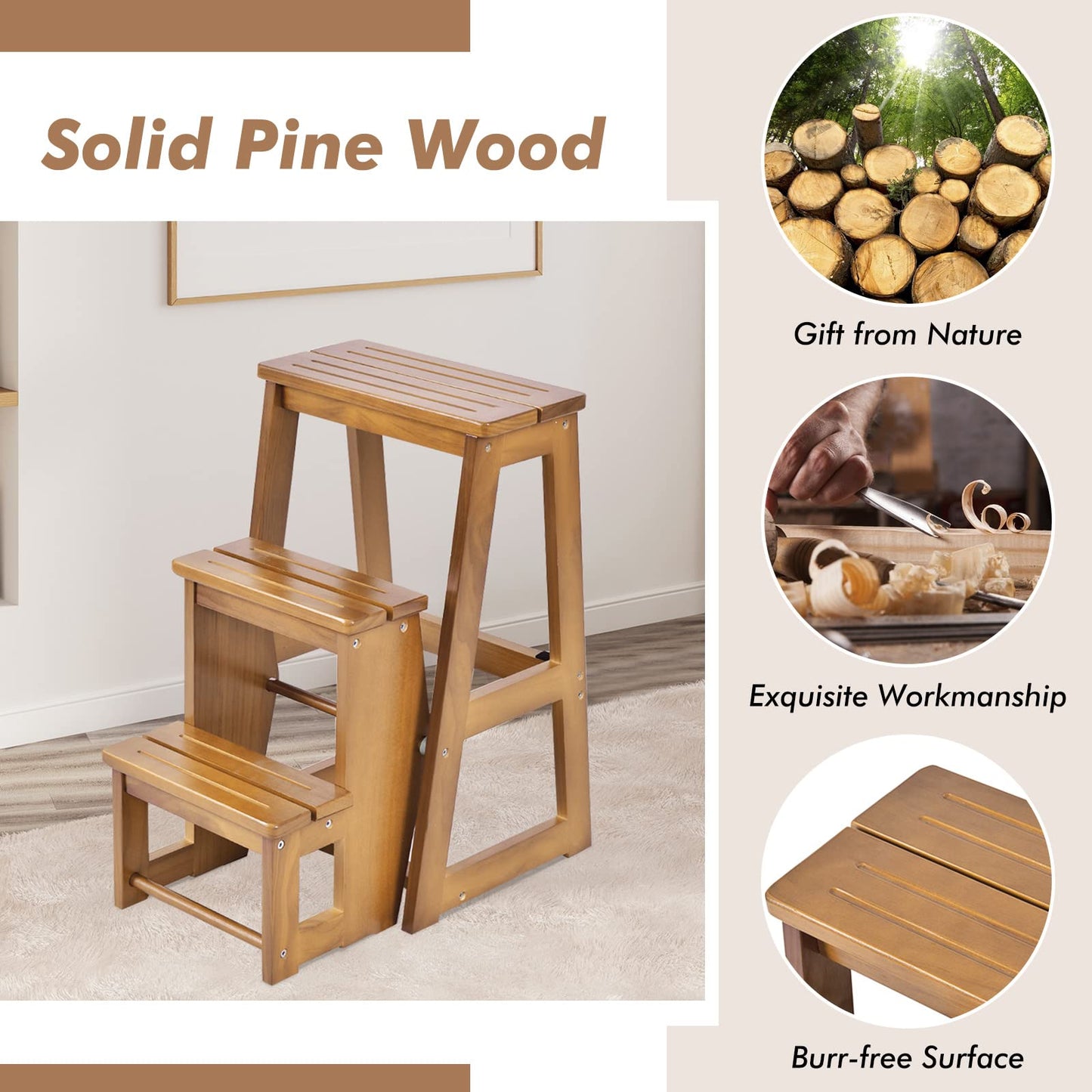 GIANTEX Wooden Step Stool 3 Steps, Folding Step Ladder Foldable Step Stool, Wooden Step Ladder Foldable, Household Step Small, Pine Wood Folding Steps (Walnut)