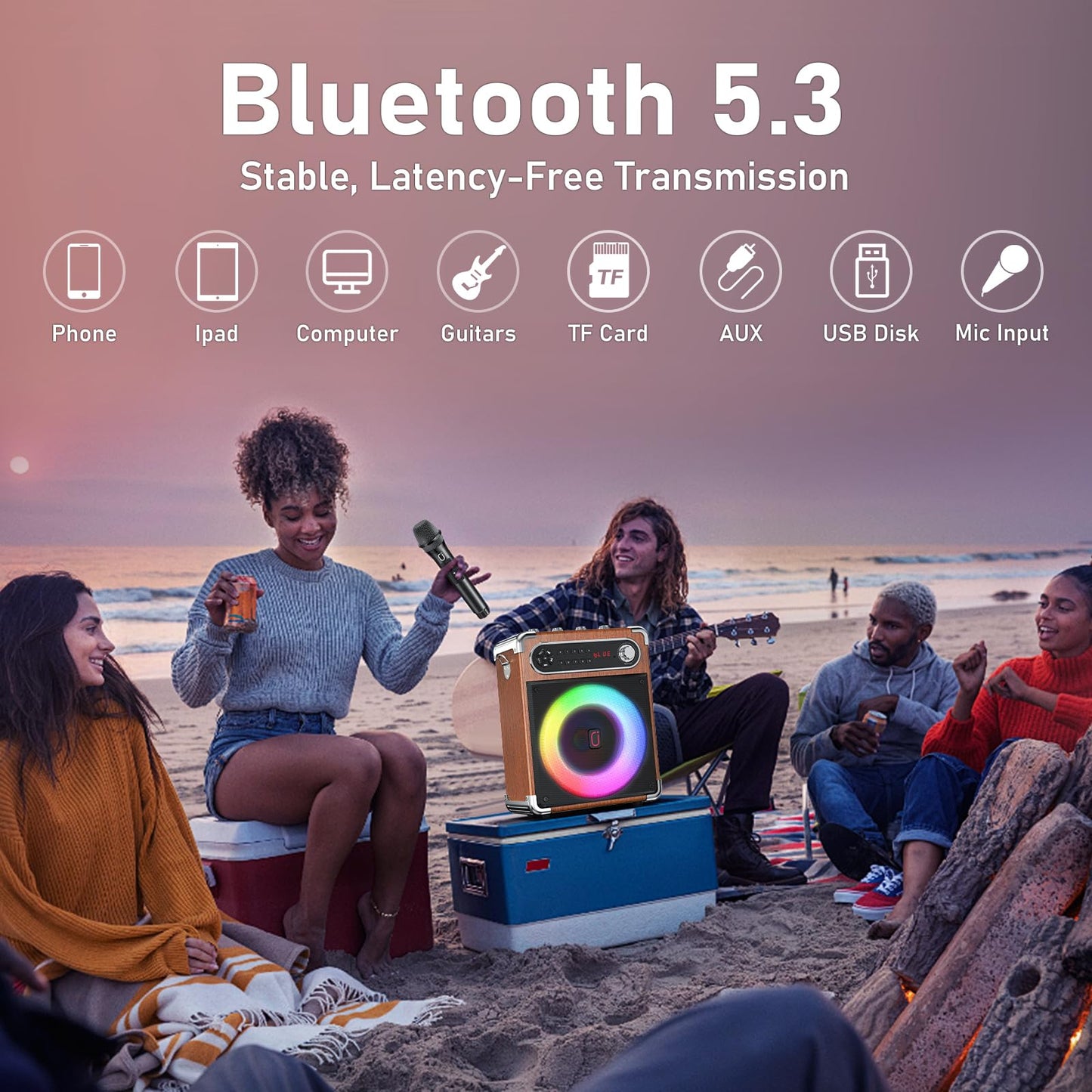 JYX Karaoke system with 2 wireless microphones, Portable PA system Karaoke speaker with adjustable treble/bass and LED lights, Supports TWS, USB/TF/FM radio, Recording function, Perfect for parties, indoors, and outdoors.