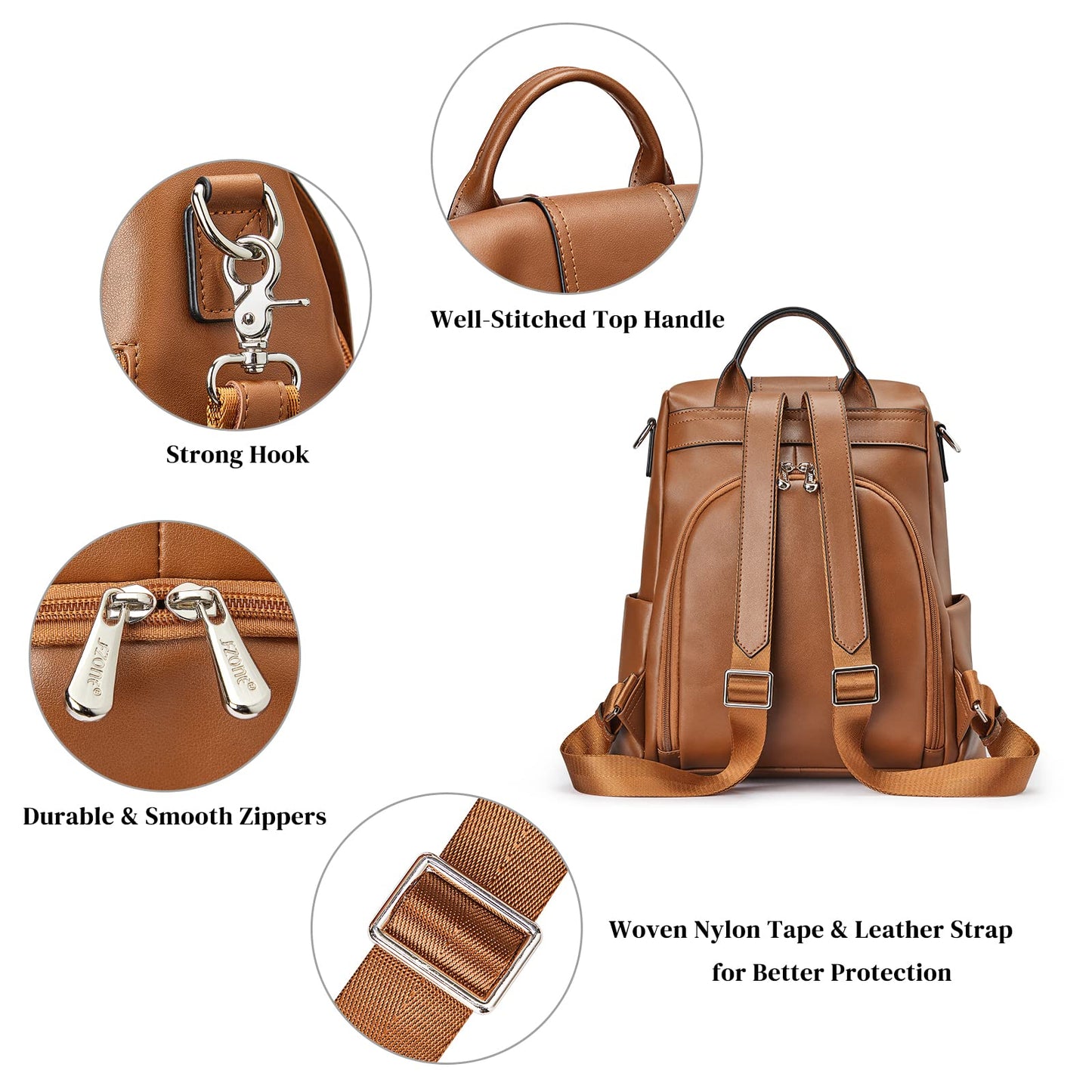 S-ZONE Women's Backpack, Soft Leather, Theft Protection, Wallet, Waterproof, School Bag, 2-Brown, 38