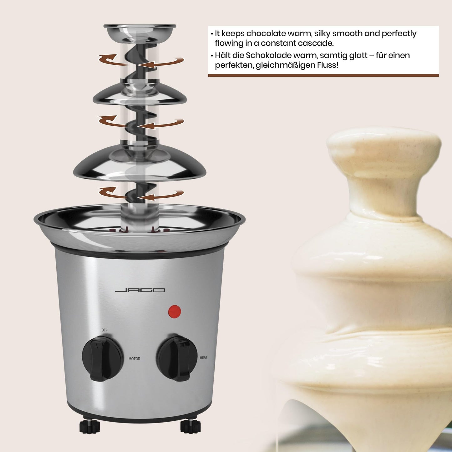 Jago® Chocolate Fountain 275W - 3 tiers, Max. Capacity 1 kg chocolate, Stainless steel, Dishwasher safe, Silver - Chocolate fountain, Chocolate fondue, Chocolate fondue, Chocolate fountain