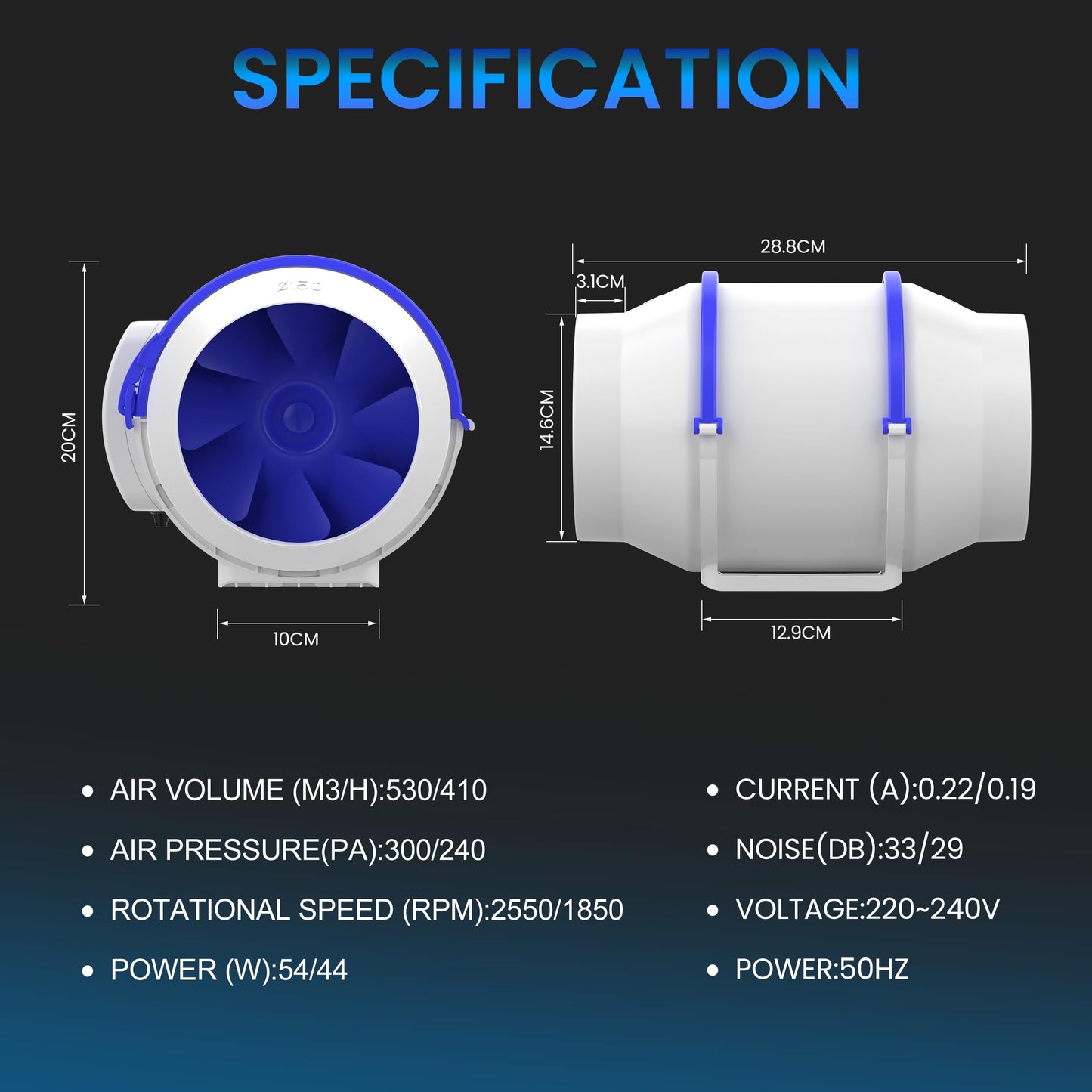 Hon&Guan 150mm Inline Duct Fan, Smoke Exhaust Ventilator Quiet with EU Plug for Bathroom, Office, Grow Rooms, Factory, and 3D Printer.