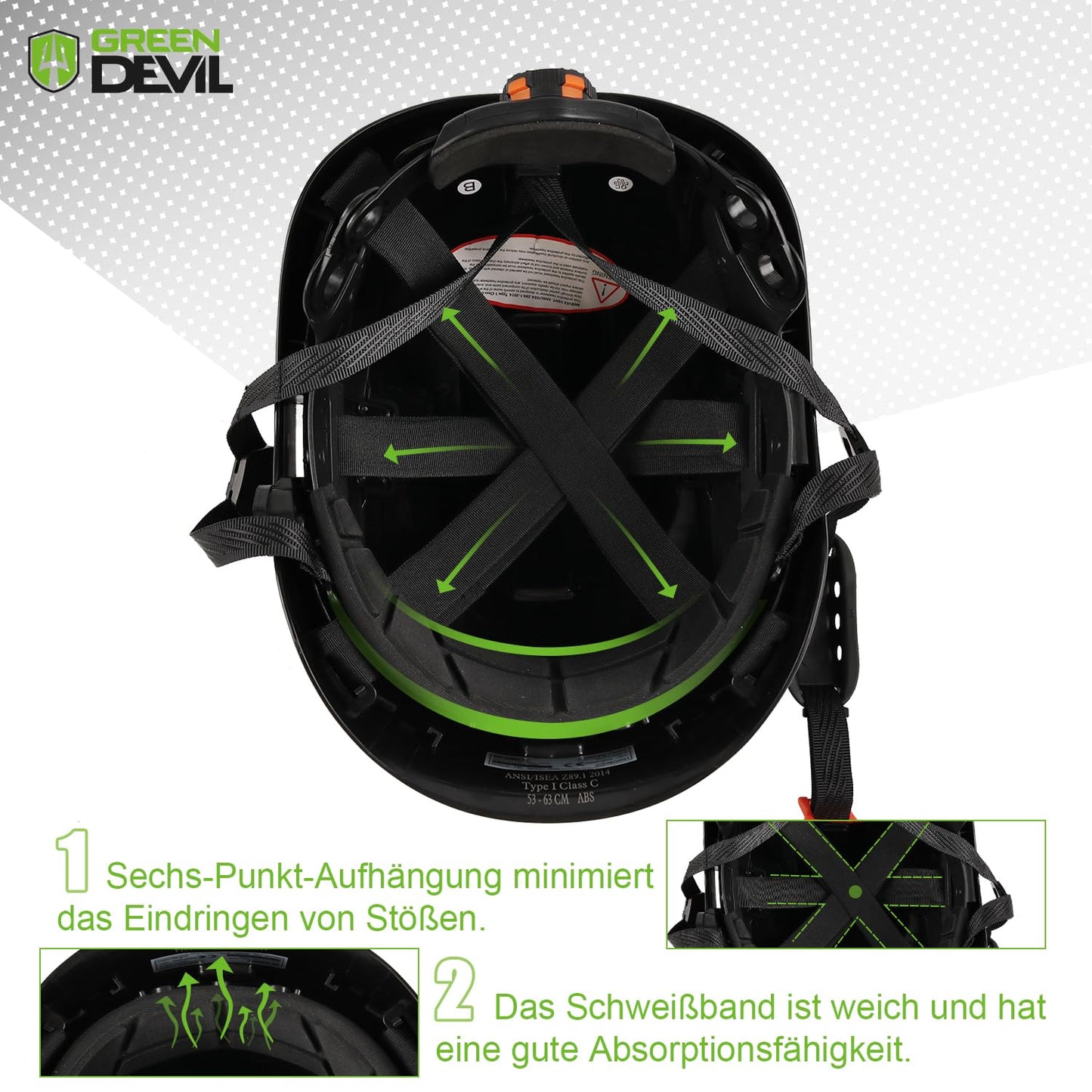 GREEN DEVIL protective helmet work helmet with clear visor and ear protection earmuffs Adjustable ABS safety helmet Ventilated construction helmet Industrial helmet (Black)