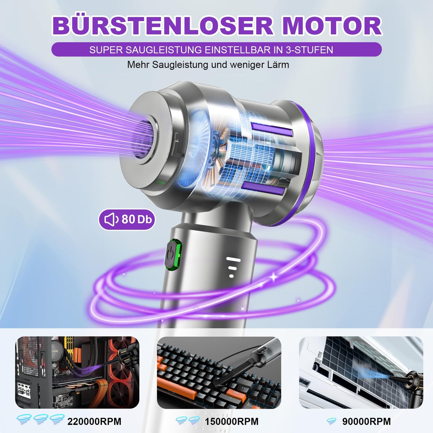 RABIGALA Cordless Handheld Vacuum Cleaner 4-in-1, 25000PA, Car Vacuum Cleaner, Electric Air Blower 220000 RPM 3-Speed Blower for Computer, Kitchen, Sofa, Office