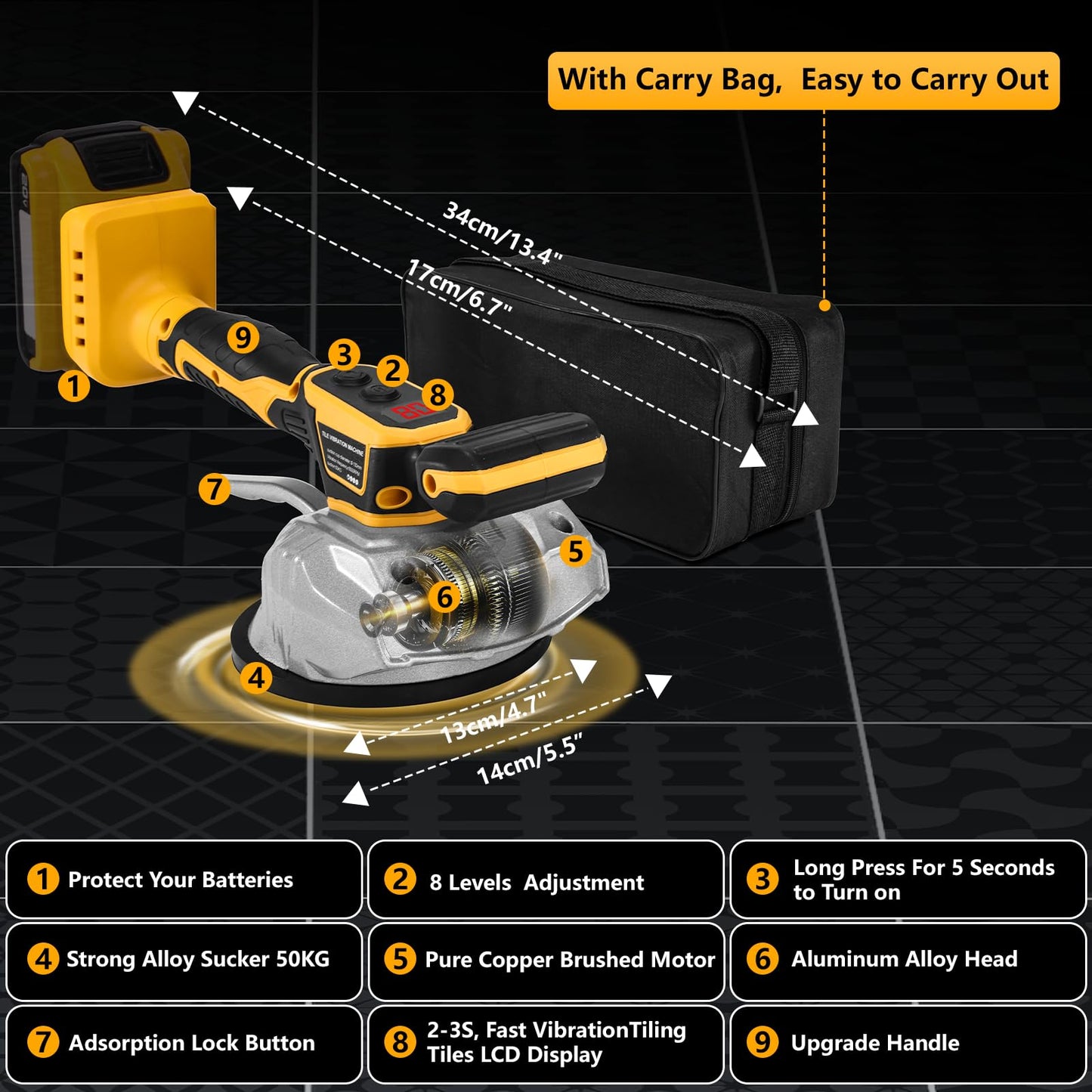 Tiler machine for DE-walt 20V Max battery, tiler vibrating tool with 8 adjustable speeds, suction cup, digital display, carrying bag for floor, tiles (tools only)