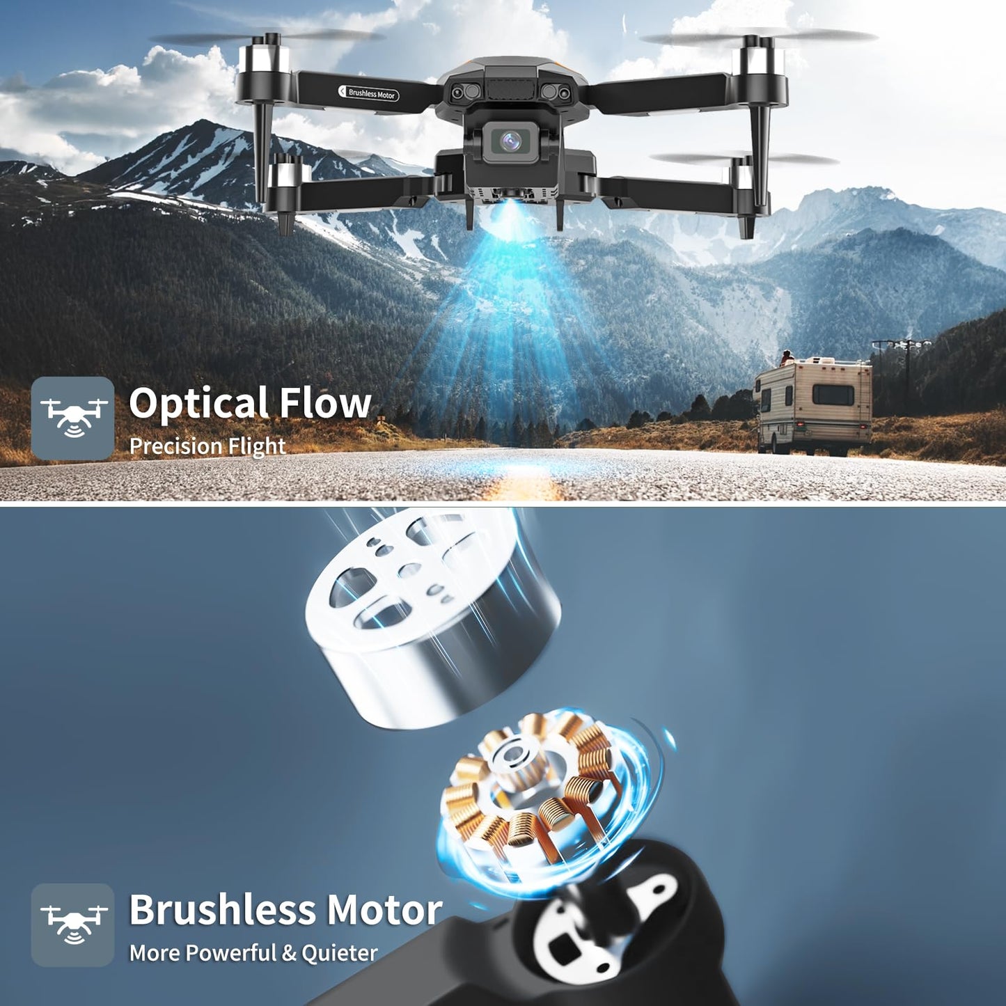 Camera drone for kids, brushless motor, gesture control, gravity control, 3D flips and auto-hover, waypoint flight, one-button start for adults/beginners.