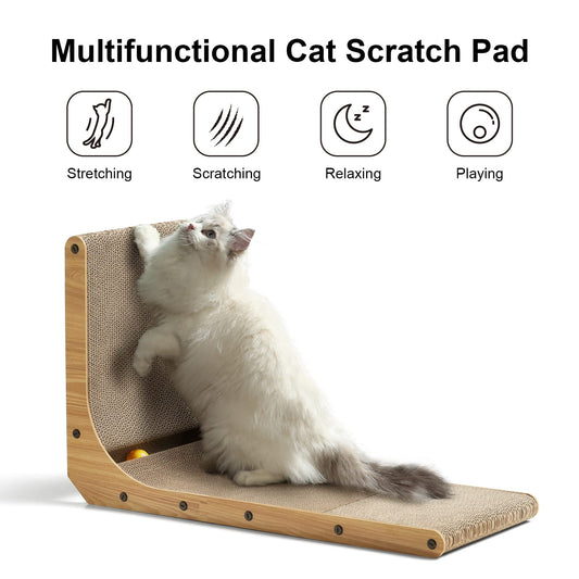 FUKUMARU Cat Scratching Board, 68 cm tall L-shaped cardboard scratch pad for cats, durable cat scratching board with ball toy, premium cardboard cat scratcher for wall and corner, large size.