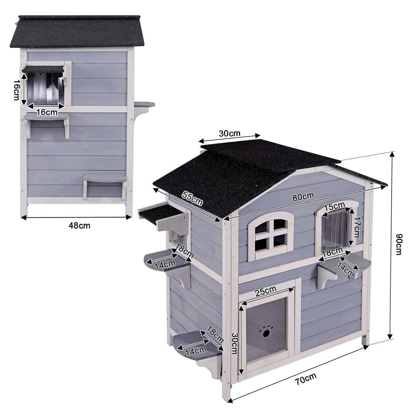Lionto cat villa made of fir wood with bitumen roof for indoor and outdoor use, two-story cat house with steps, 80x55x90 cm, slatted curtain and windows, suitable for large cats, gray/white.
