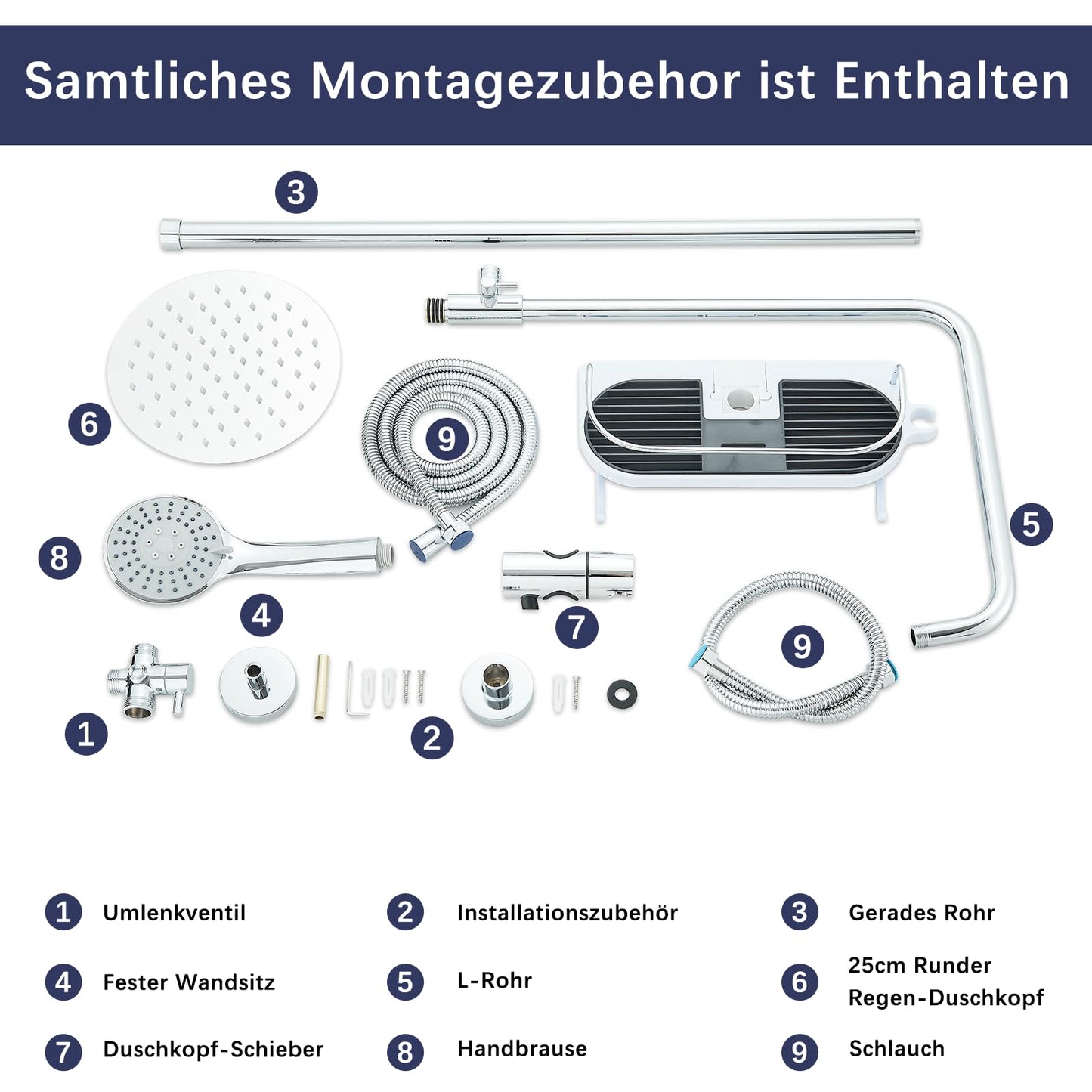Hevenaov shower system without faucet in chrome, rain shower head without faucet, stainless steel shower set without faucet, 20 cm round rain shower.