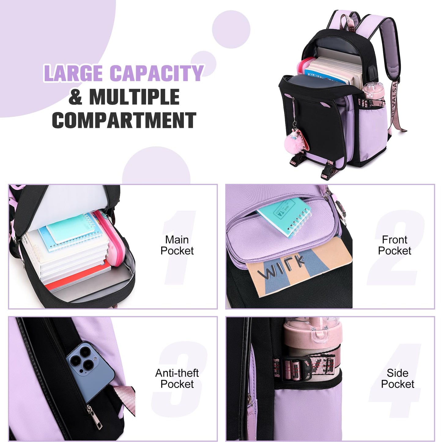 Bevalsa school backpack for girls teenager with school bags set, leisure backpack large 20L waterproof school bag backpack casual daypacks for kids women (purple)