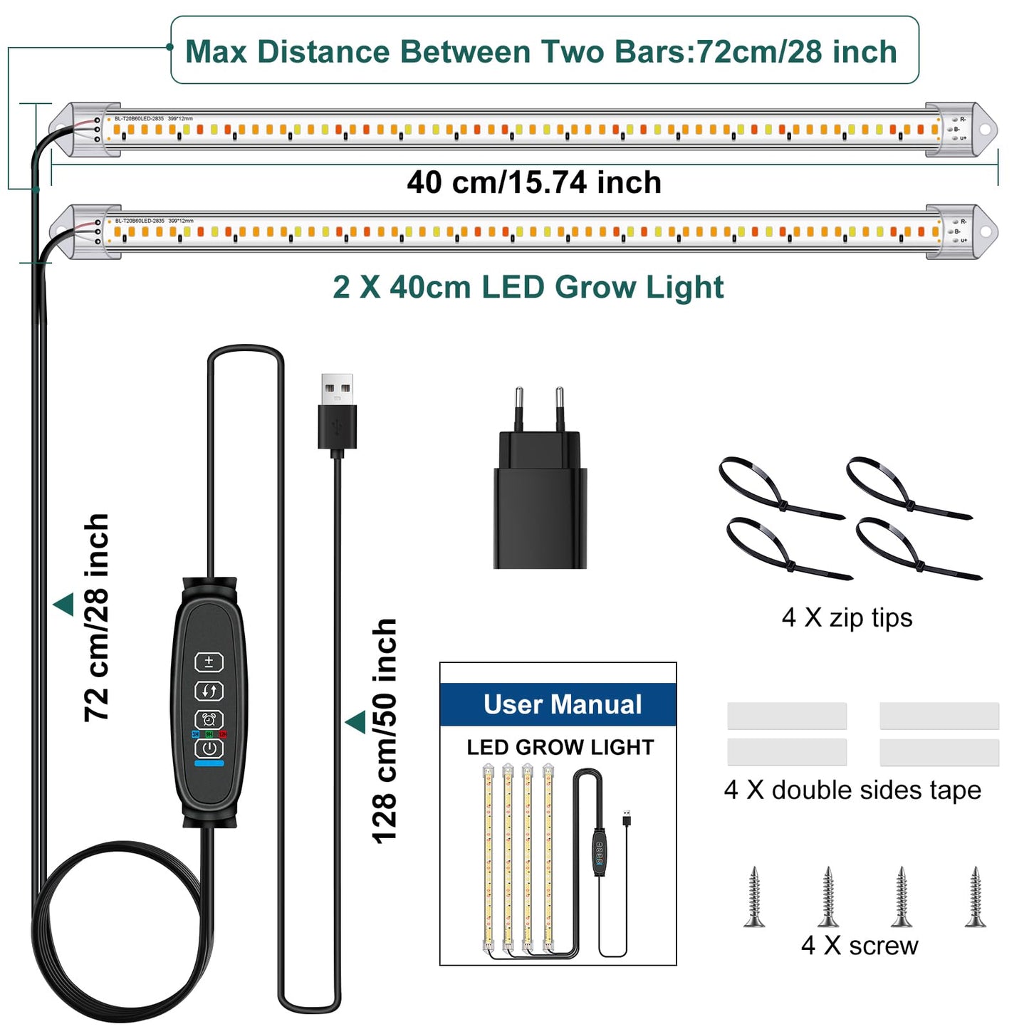 2-Pack 2 Bars Plant Light Strips, Plant Lights for Indoor Plants, Full Spectrum Sunlight Growth Lamp with Auto On/Off 3/9/12H Timer, 10 Adjustable Levels for Succulents