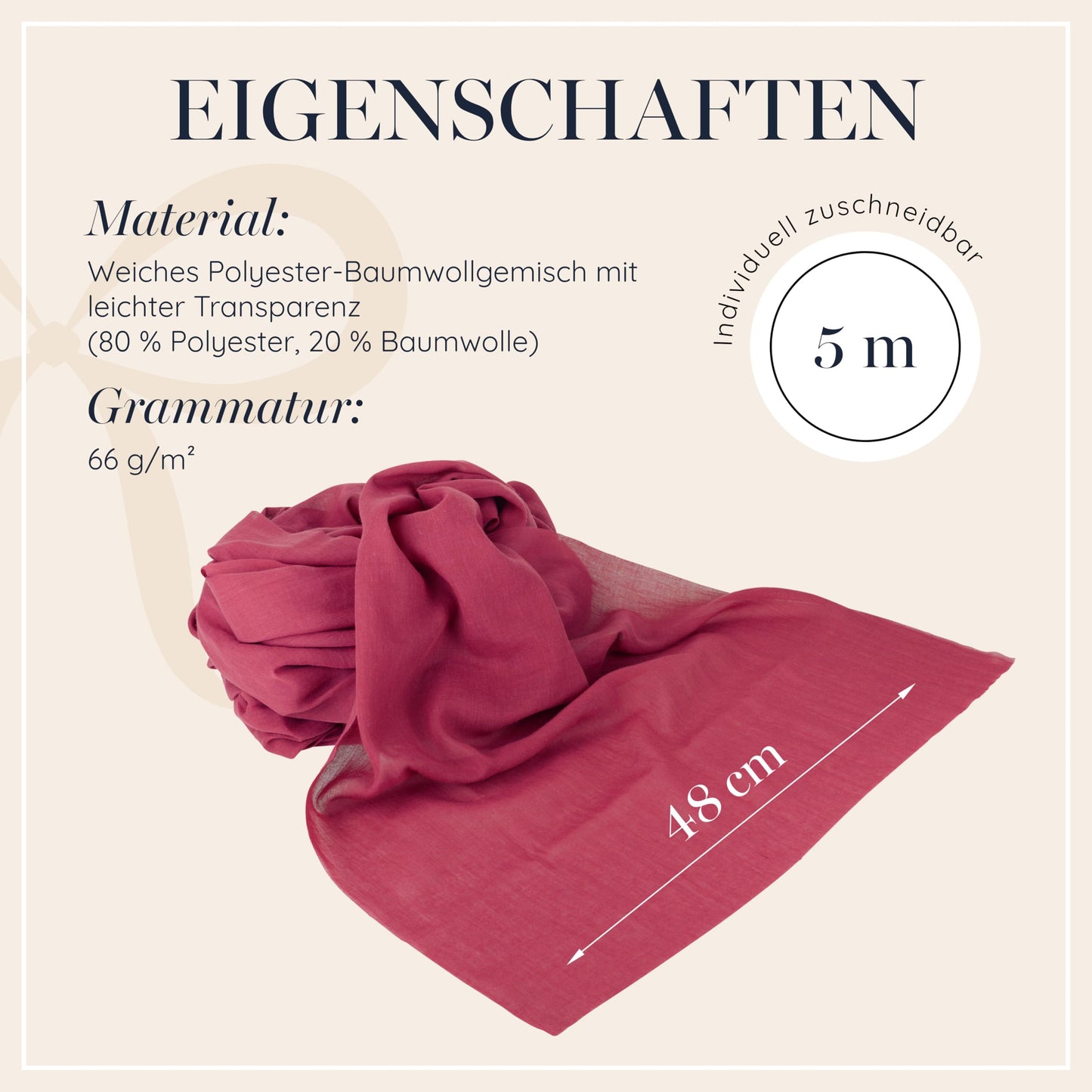 100% Mosel Muslin decorative fabric, in Bordeaux Red (48 cm x 5 m), 66 g/m², very thin table runner, Elegant table decoration for wedding & Christmas, Table ribbon as decoration for special occasions.