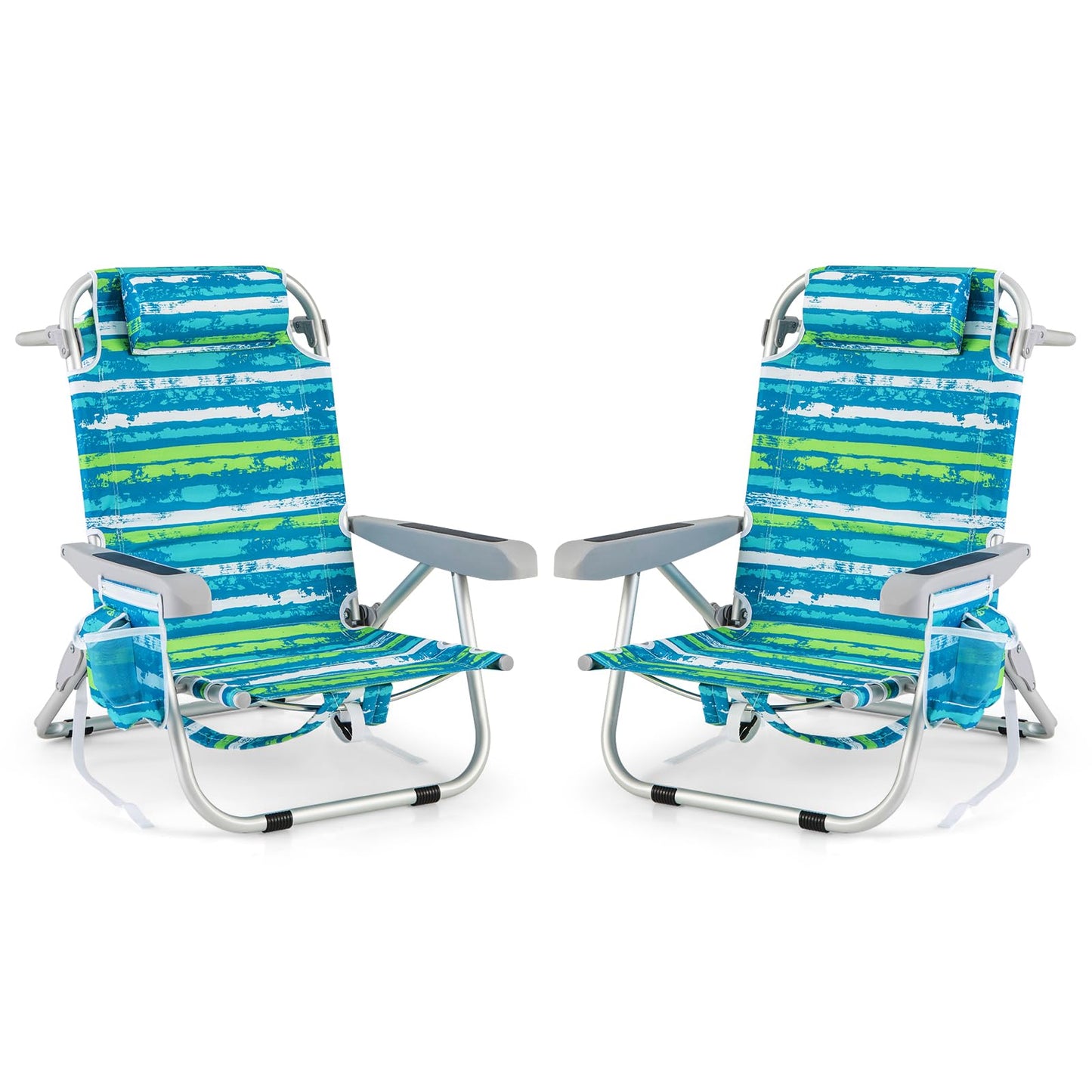 COSTWAY beach chairs foldable light, set of 2, camping chairs with adjustable backrest, headrest, side pockets, shoulder straps, towel holder & armrests, folding chairs, outdoor chairs