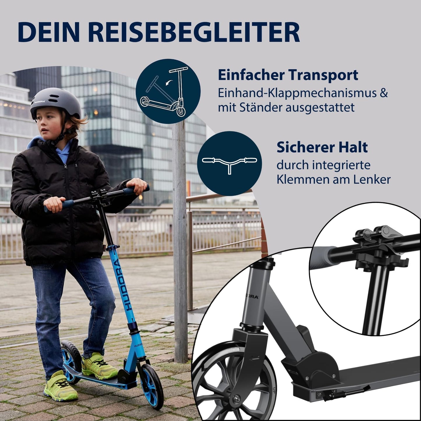 HUDORA Scooter Up 200 - Quiet aluminum scooter for up to 100kg - Height-adjustable & foldable kick scooter - Smooth ride for kids / teenagers & adults