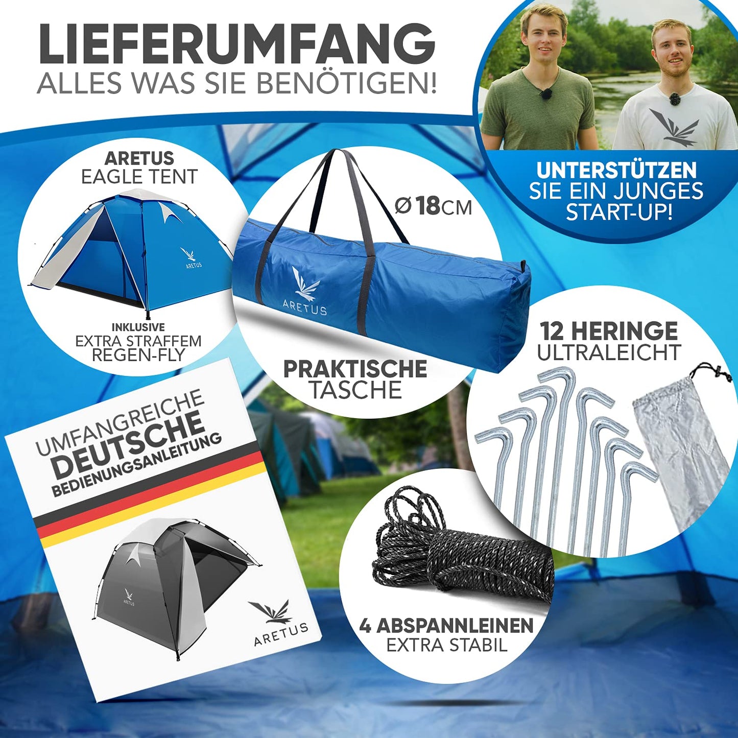 Aretus - Pop up tent for 2-4 people SET UP AND TAKE DOWN IN 45 seconds - Extra Large & Waterproof - Automatic pop up tent for 3 people, tent for 3 men
