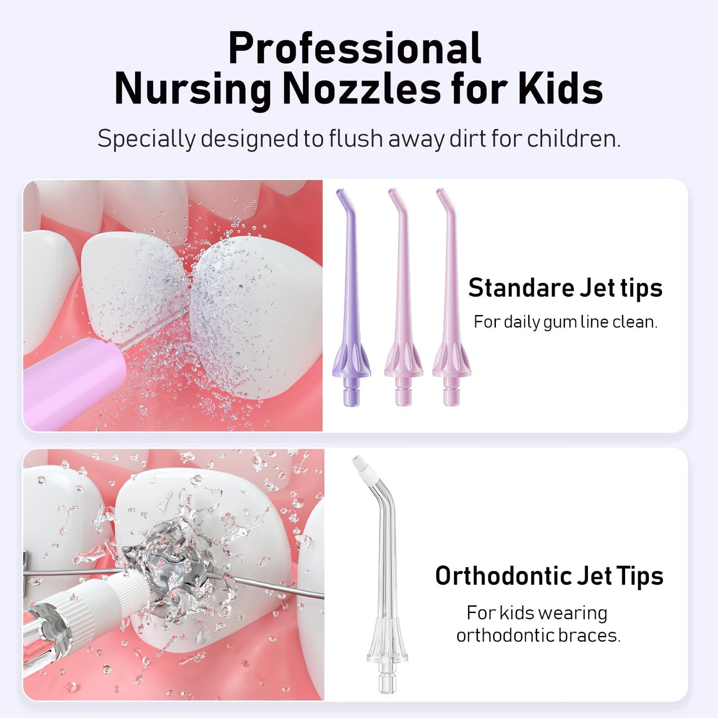 COSLUS Kids Water Flosser, Portable Oral Irrigator, Deep Cleaning Toothpick, 4 Modes for Ages 6+, Waterproof, Rechargeable, with 4 Jet Tips for braces care.