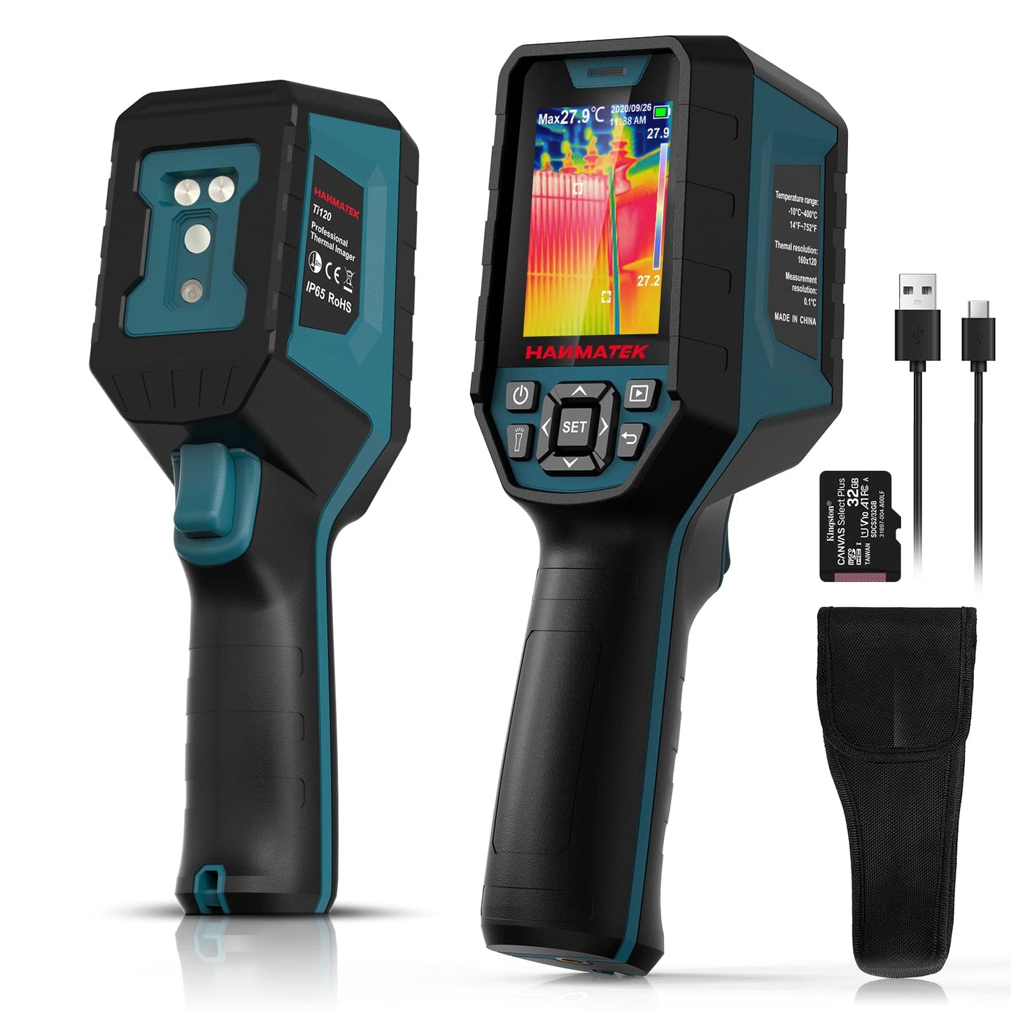 Infrared thermal imaging camera HANMATEK Ti120, resolution of 120 x 90 pixels, temperature range -20°C to +400°C, Professional thermal imaging camera ± 2% accuracy of the measurement value.