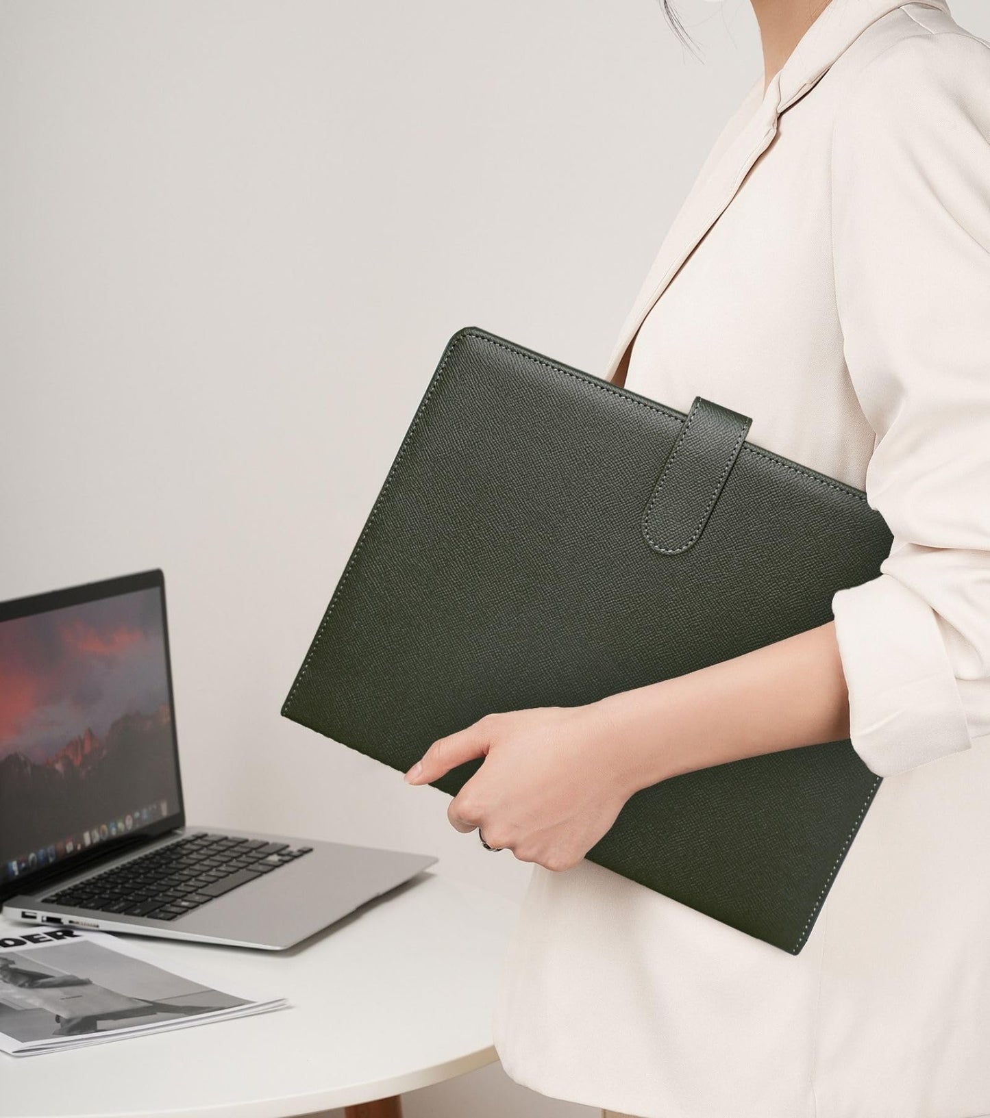 MyMazn A4 Clipboard with Cover, A4 Folder Writing Pad Clipboard Folder, PU Leather A4 Conference Folder with Document Pockets, Pen Holder, and Magnetic Closure (Olive Green)