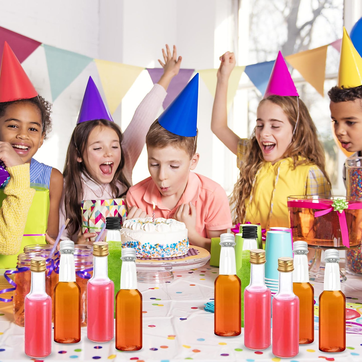 24 mini bottles, 100ml plastic bottles, empty small liquor bottles with funnel, miniature bottles with cap, alcohol bottles sauce bottles for weddings parties (gold cap)