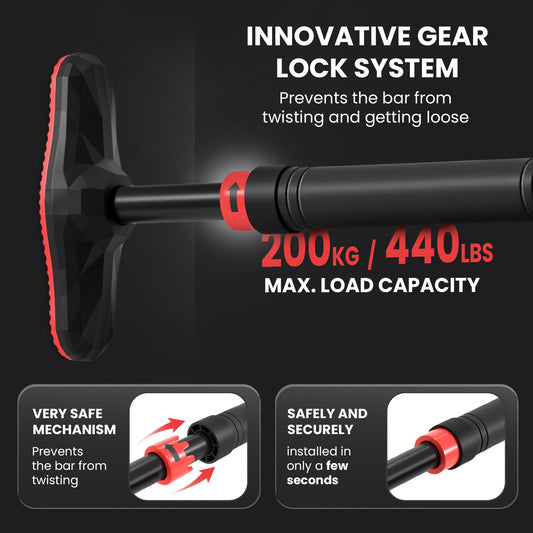 BeMaxx pull-up bar for door frame without screws/drilling + training eBook. Professional door pull-up dip bar with padded handles. Hang in door at home for fitness workout.