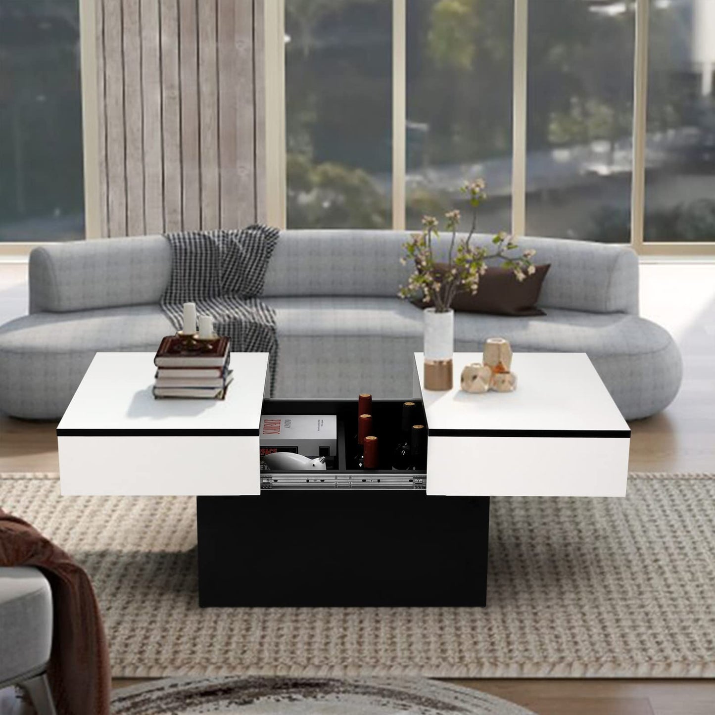 VOWNER coffee table, coffee table with 2 storage compartments, living room table, high gloss, extendable desk, modern table, 114 x 58 x 40 cm (White)