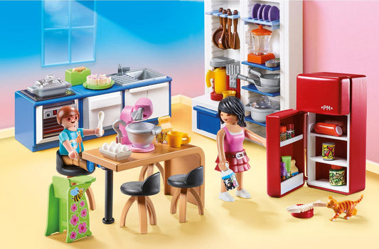PLAYMOBIL Dollhouse 70206 Family Kitchen, with stove, dishwasher, refrigerator, dining area, and clever cooking utensils. For ages 4 and up.