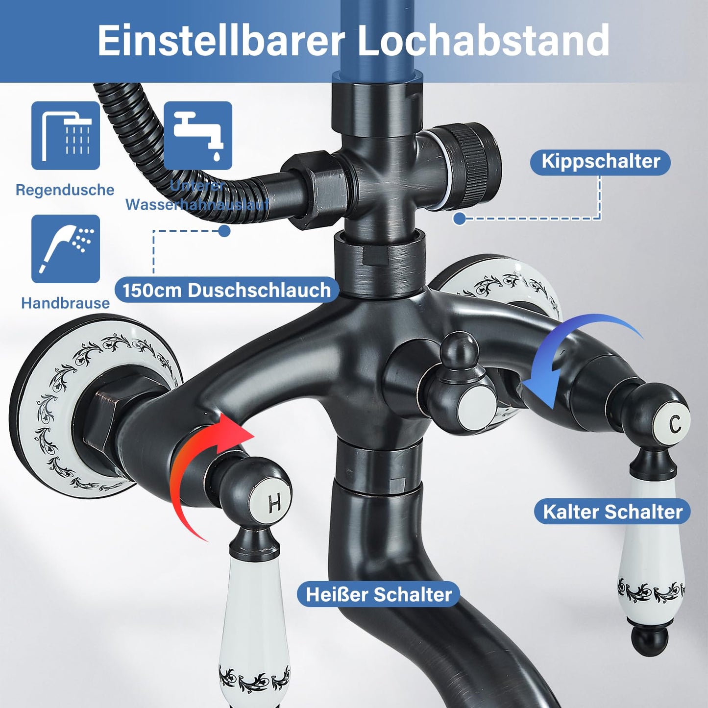 Suguword Black Shower Faucet Set Shower System Rain Shower Set with Shower Head Shower Column Rainfall Hand Shower Bar Blue and White Porcelain Complete Set Shower Faucet Anti-Liming
