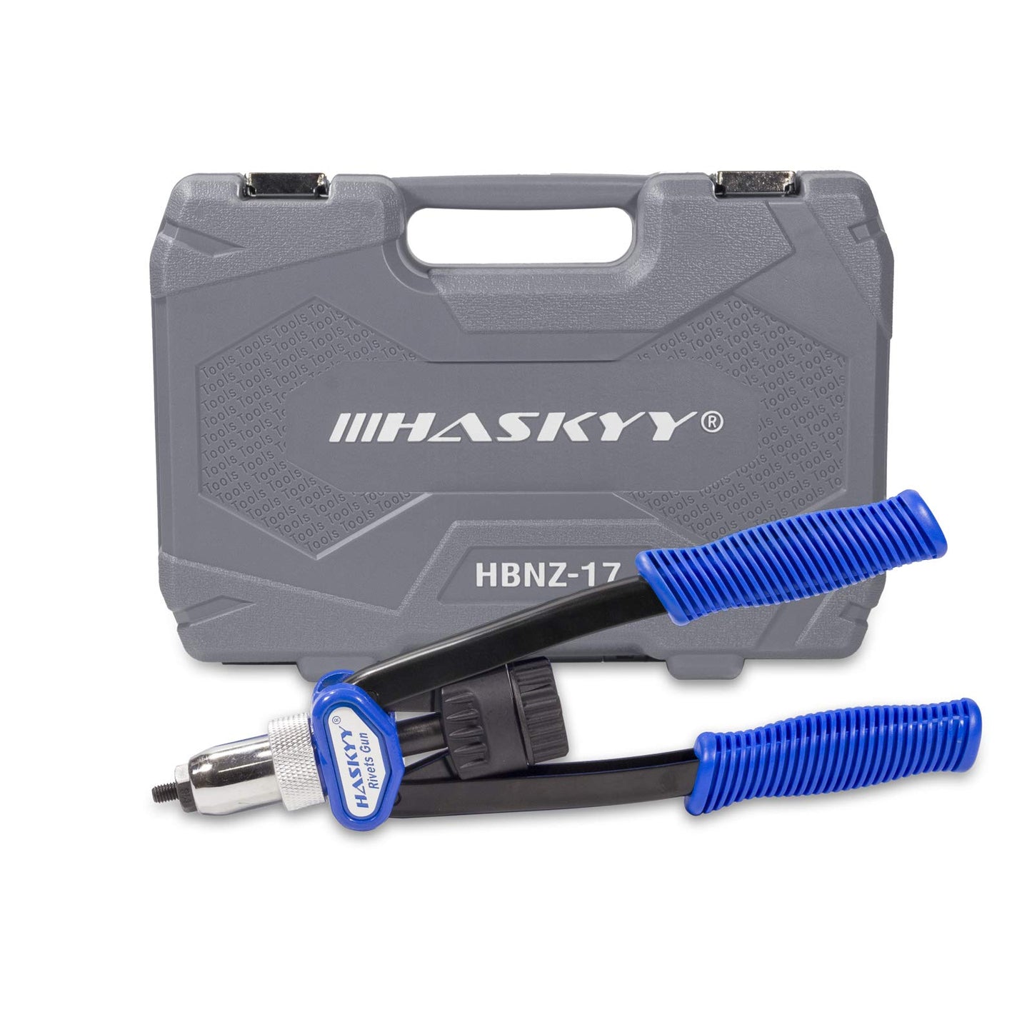 Professional rivet nut tool set includes rivet nut gun and 150 steel rivet nuts in M5 M6 M8 M10 M12 sizes, 30 pieces each.