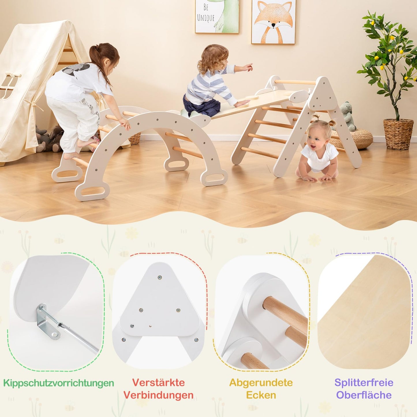 COSTWAY climbing triangle with slide, climbing arch, including double-sided ramp, for climbing, sliding and rocking, 4 in 1 climbing frame indoor from 1 year (White)