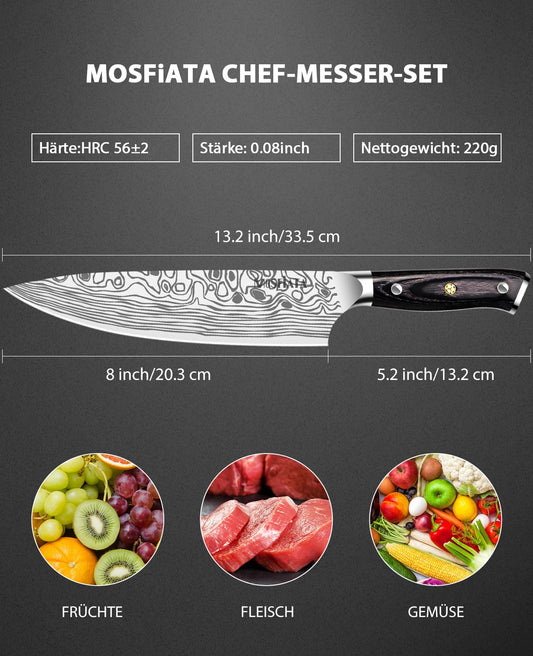 MOSFiATA chef's knife, kitchen knife, meat knife professional 20CM made of EN.4116 German stainless steel sharp blade ergonomic with finger guard and knife sharpener in gift box.